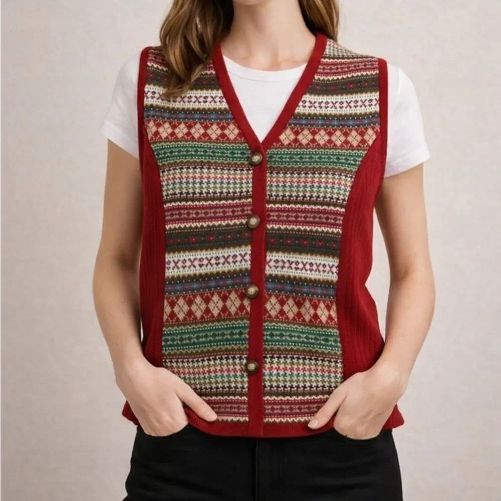 Vintage Susan Bristol Fair Isle Sweater Vest Womens M Red Nordic Knit